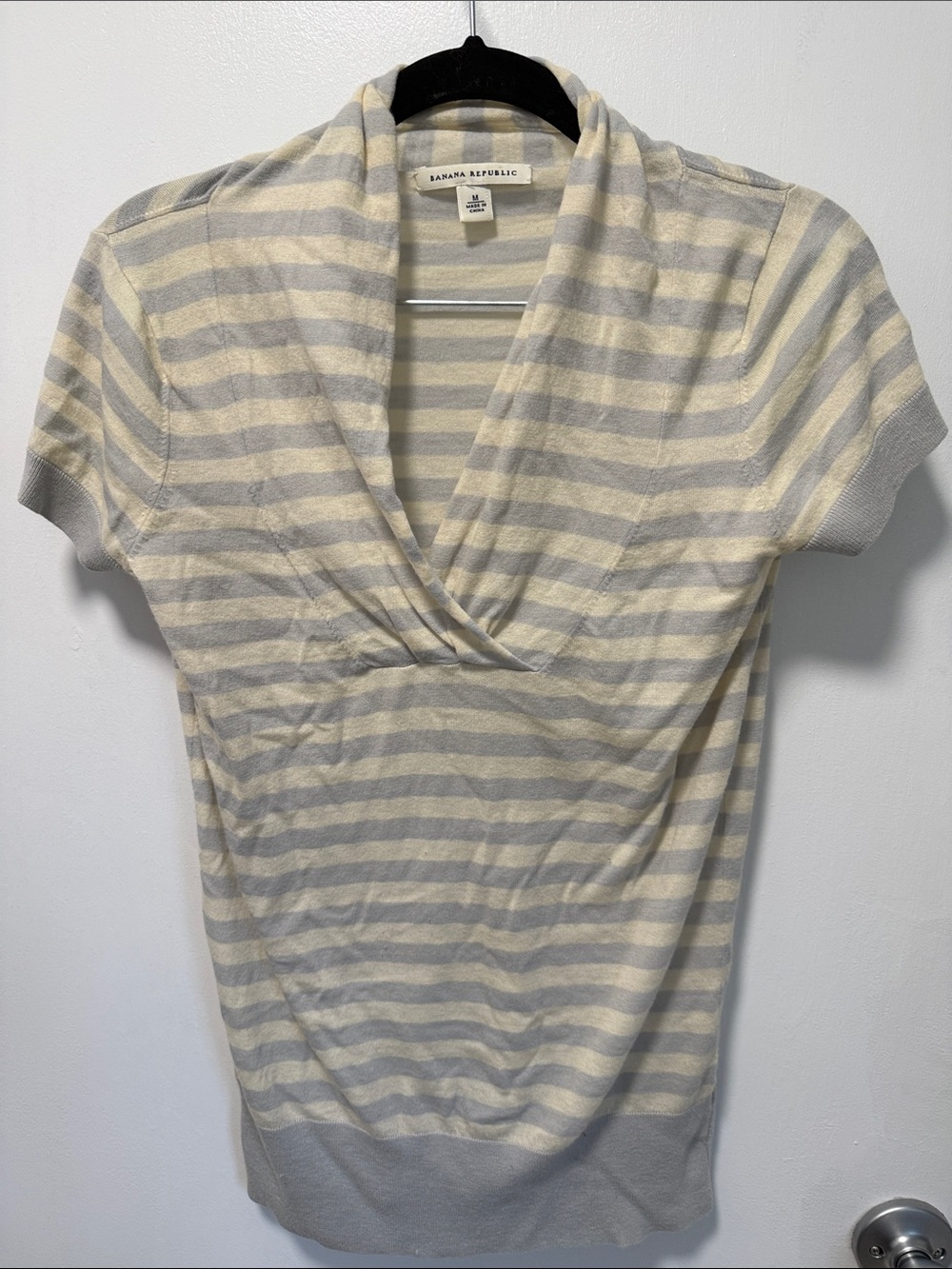Banana Republic Cream & Light Gray Striped Short-Sleeve Surplice Top